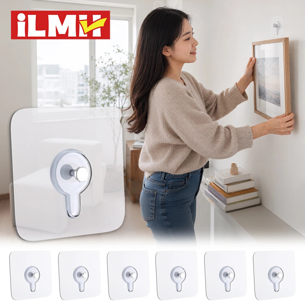 iLMH Transparent Self Adhesive Hook, Waterproof No Drill Picture Hanger, Strong Load Bearing Wall Sticker, for Bathroom Office