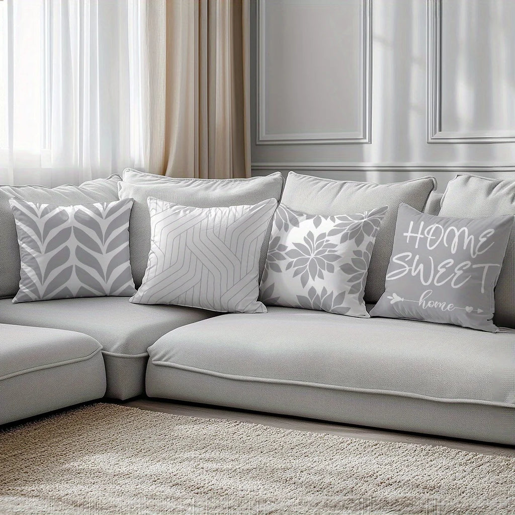 4Pcs Single-Sided Print Pillow Covers - Gray Leaf Line Minimalist Design, Home Decor Cushion Cases for Living Room Sofa Bedroom