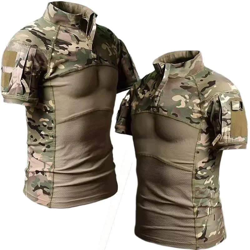 Summer Shirts Combat Tops Half Zipper Knitting Camo Hiking T-shirts Tactical T-shirt Breathable Elastic Outdoor Training Tees