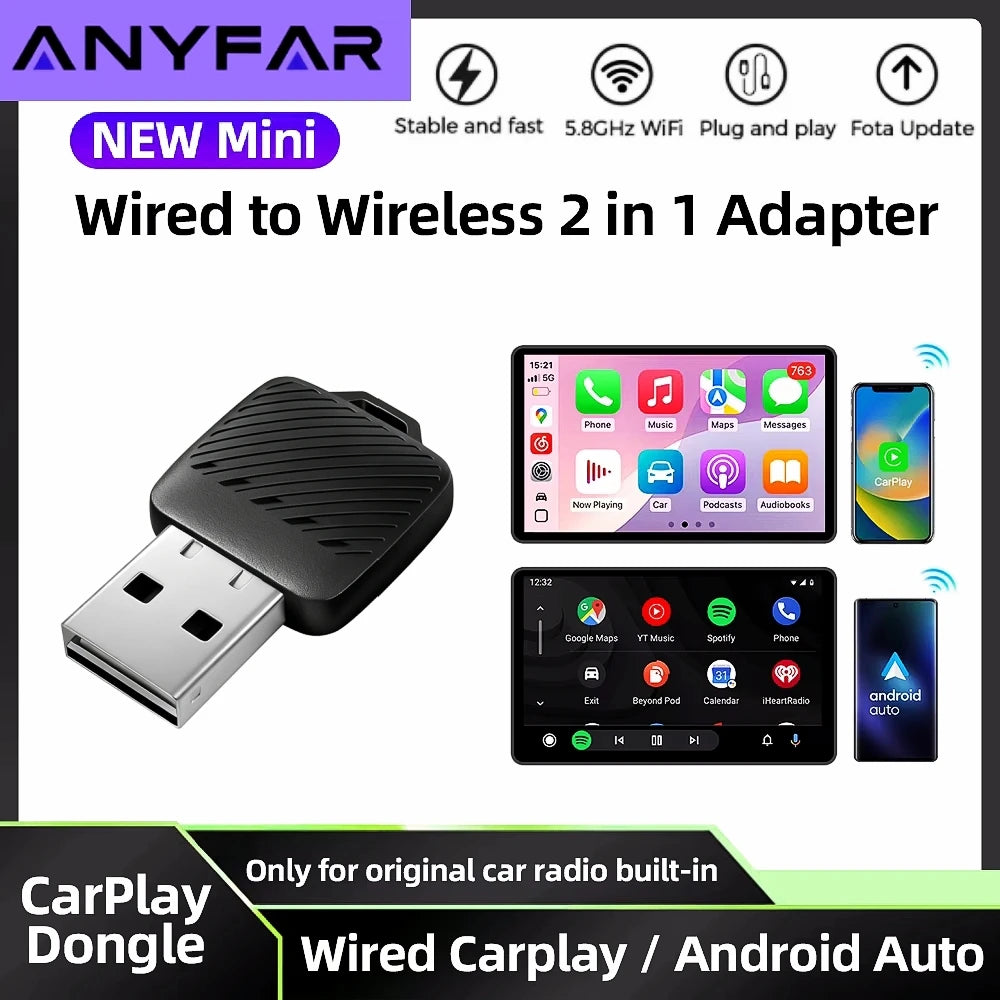 Wireless CarPlay Android Auto Adapter Wired To Wireless 5GHz WiFi USB Plug and Play for 99% Wired CarPlay/Auto Cars