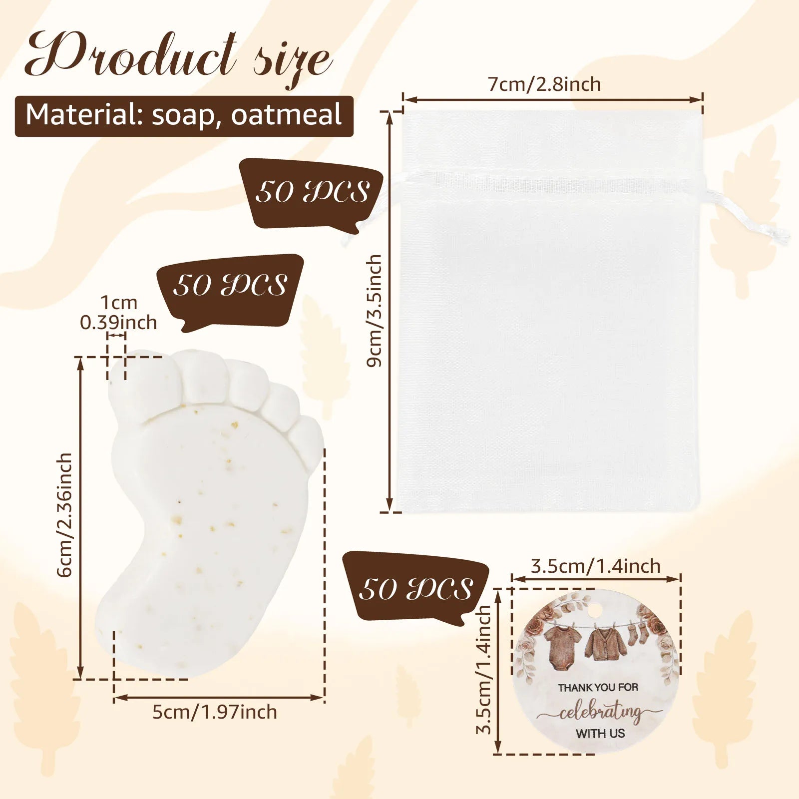 50 Sets Baby Shower Favors Cute Footprint Oatmeal Glycerin Soaps with Organza Bag and Thank You Card Keepsake Present for Guests