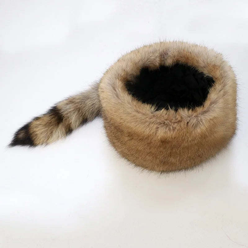 Autumn and Winter New Fashion Flat Top Russian Style Hat Warm Thicken Plush Raccoon Hat for Adult Kids Unisex Fur Hat Winter