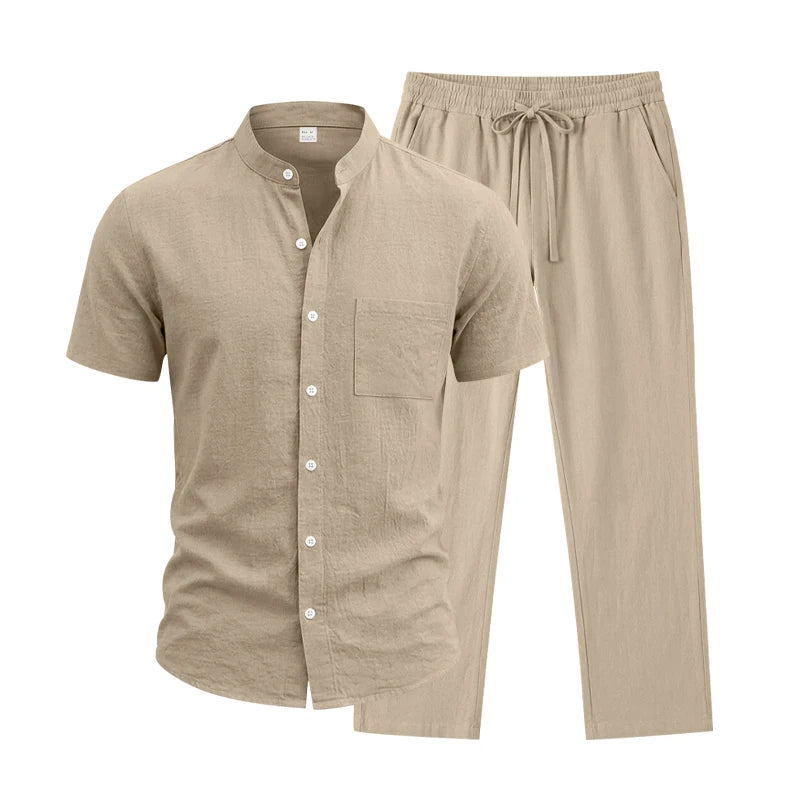 Men's Linen Popular Breathable Simple Two-Piece Set, Stand Collar Short-Sleeve Shirt with Straight-Leg Casual Pants