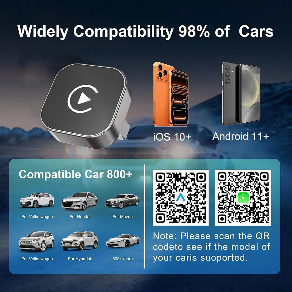 Wireless CarPlay Adapter, Converts Wired to Wireless CarPlay & Android Auto, USB-A USB-C, for iPhone & Android, 98% Cars 2016+