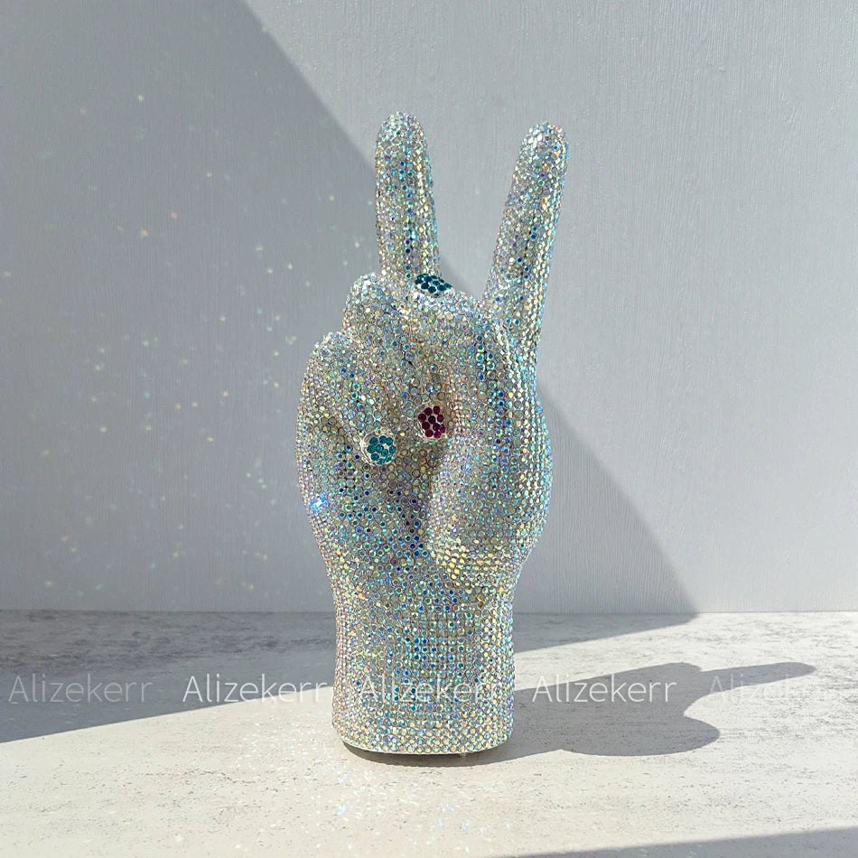 Alizekerr Victory Hand Shaped Diamond Evening Bags Women New Luxury Designer Unique Stylish Rhinestone Purses And Handbags Party