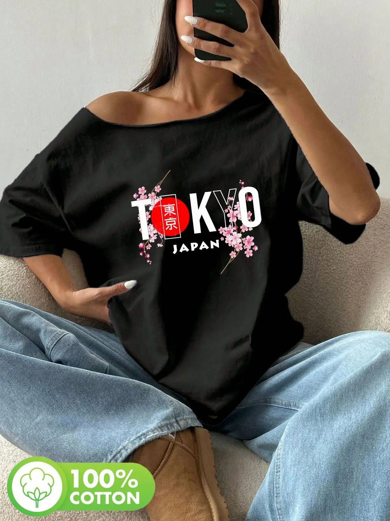Plus Size Tokyo Japan Cherry Blossom Kanji Red Sun Graphic Print T-Shirt Loose Fit Oversized Y2K Style Women Tops Summer Off