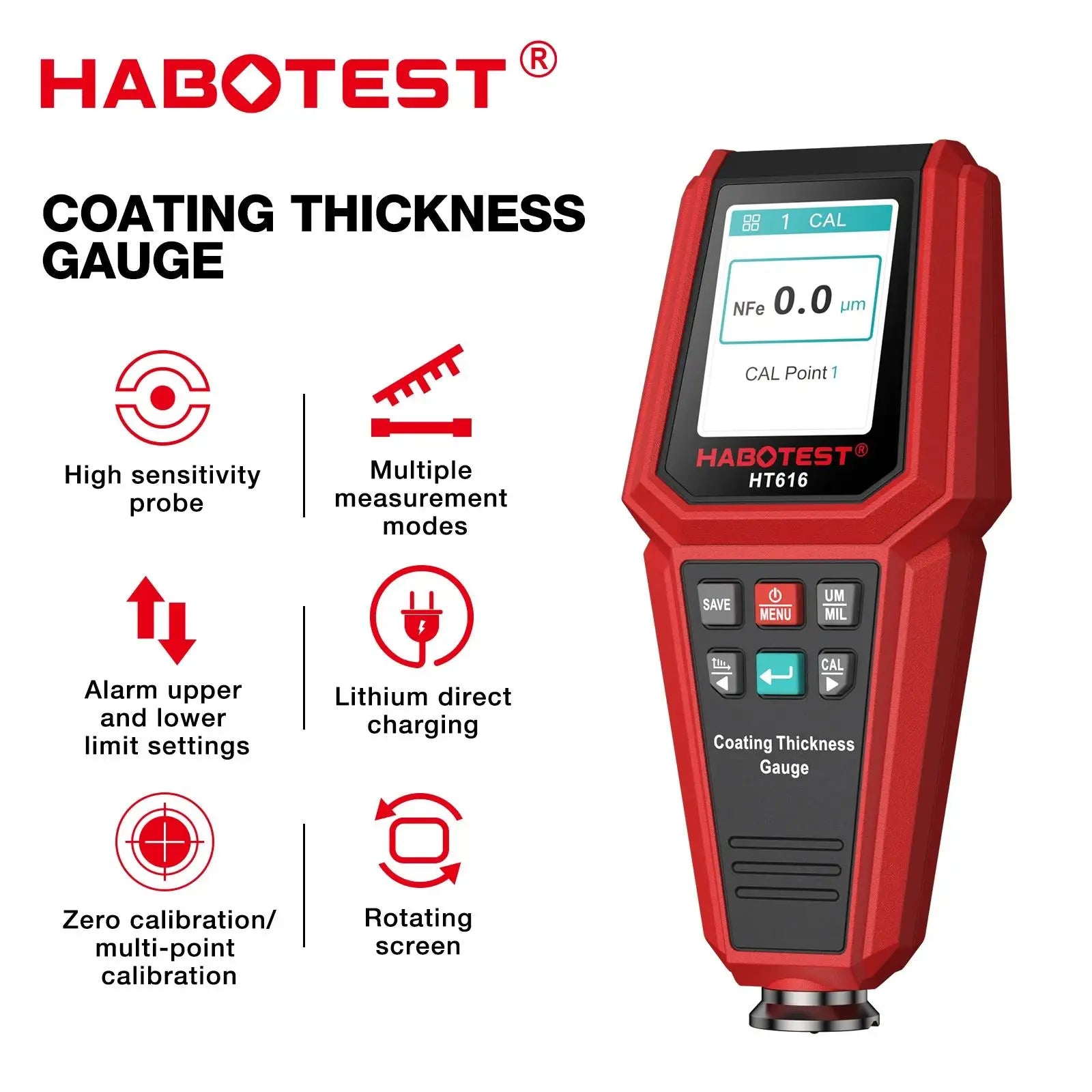 HABOTEST HT616 Digital Rechargeable Car Plating Tester Measurement Layer Film Paint Measuring Instrument Coating Thickness Gauge