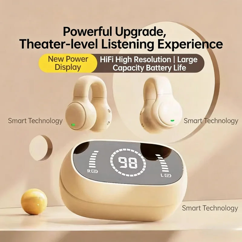 Mirror Digital Display Wireless Bluetooth Headphones Soft Silicone Ear Clip Noise Reduction HiFi Lossless Stereo Sports Earbuds