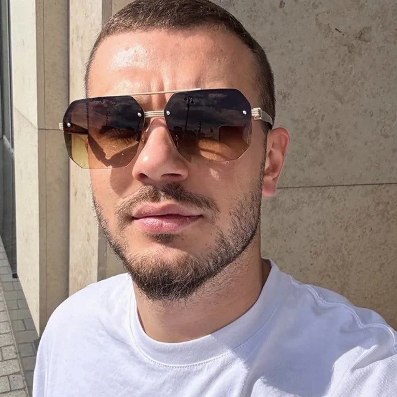 Hiking 3pcs Polygon Half-Frame Anti Light Glasses Fashion Metal Men Large Frame Shades Female Male Gradient Traveling Eyewear