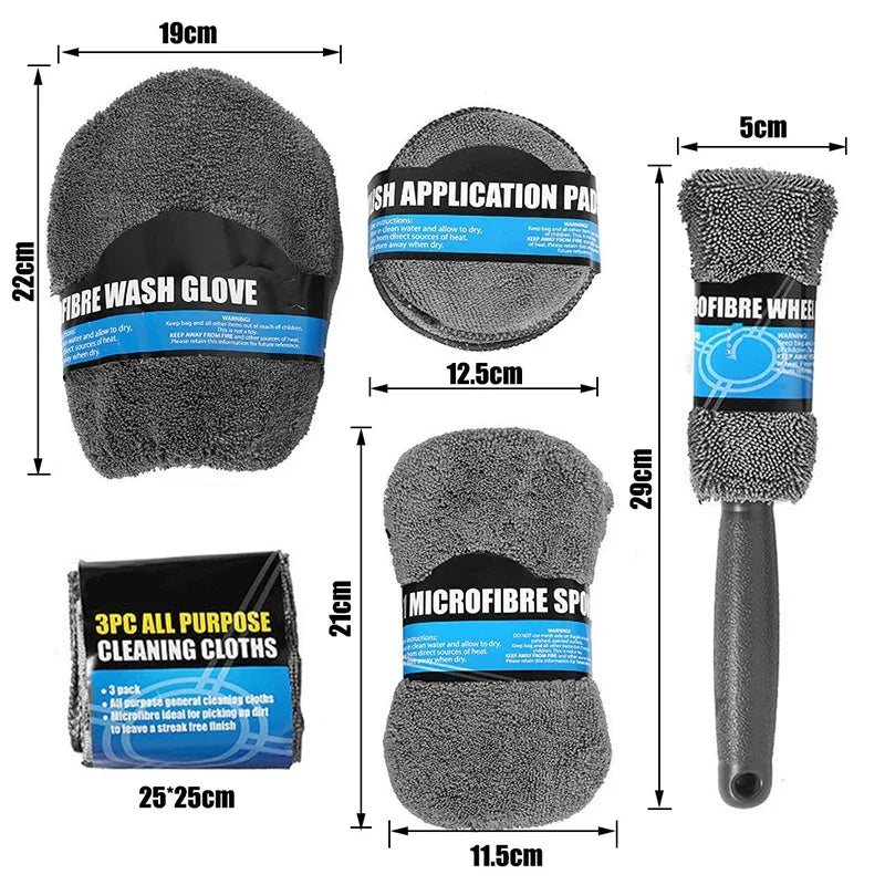 Car Wash Cleaning Set 9pcs Microfiber Towels Blush Sponge Wash Glove Polish Care Applicator Pads Auto Detailing Washing Tools