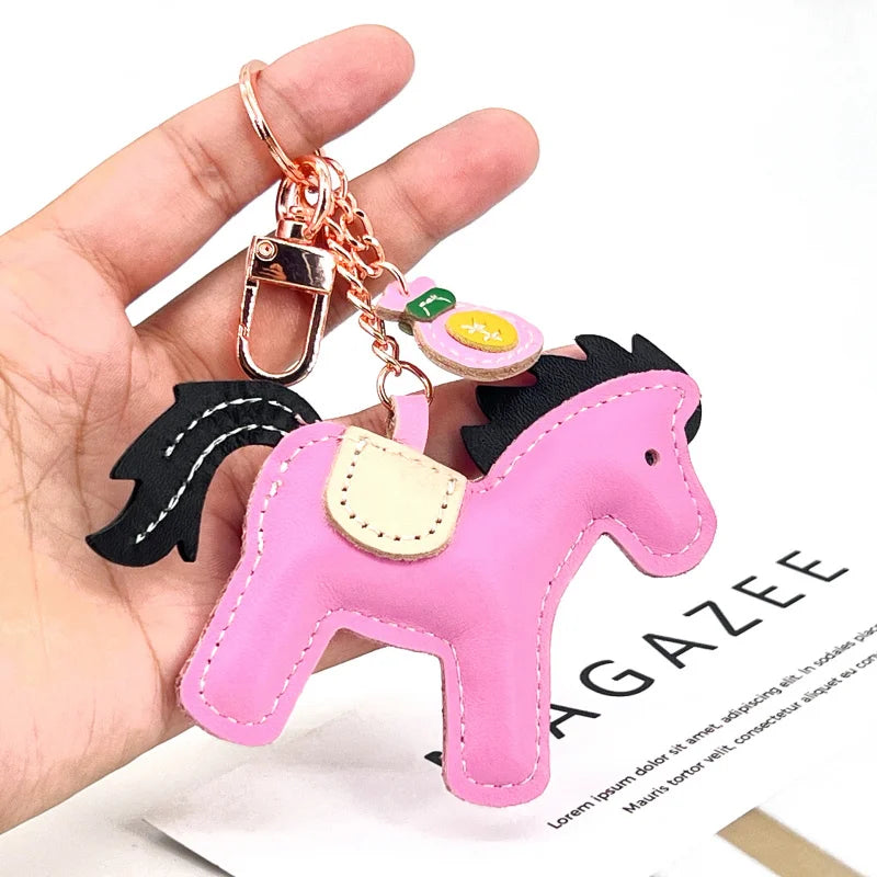 New Trendy Cow Leather Pony  Key Ring Handbag Pendant Cute Horse Keychain Luggage Bag Parts Accessories