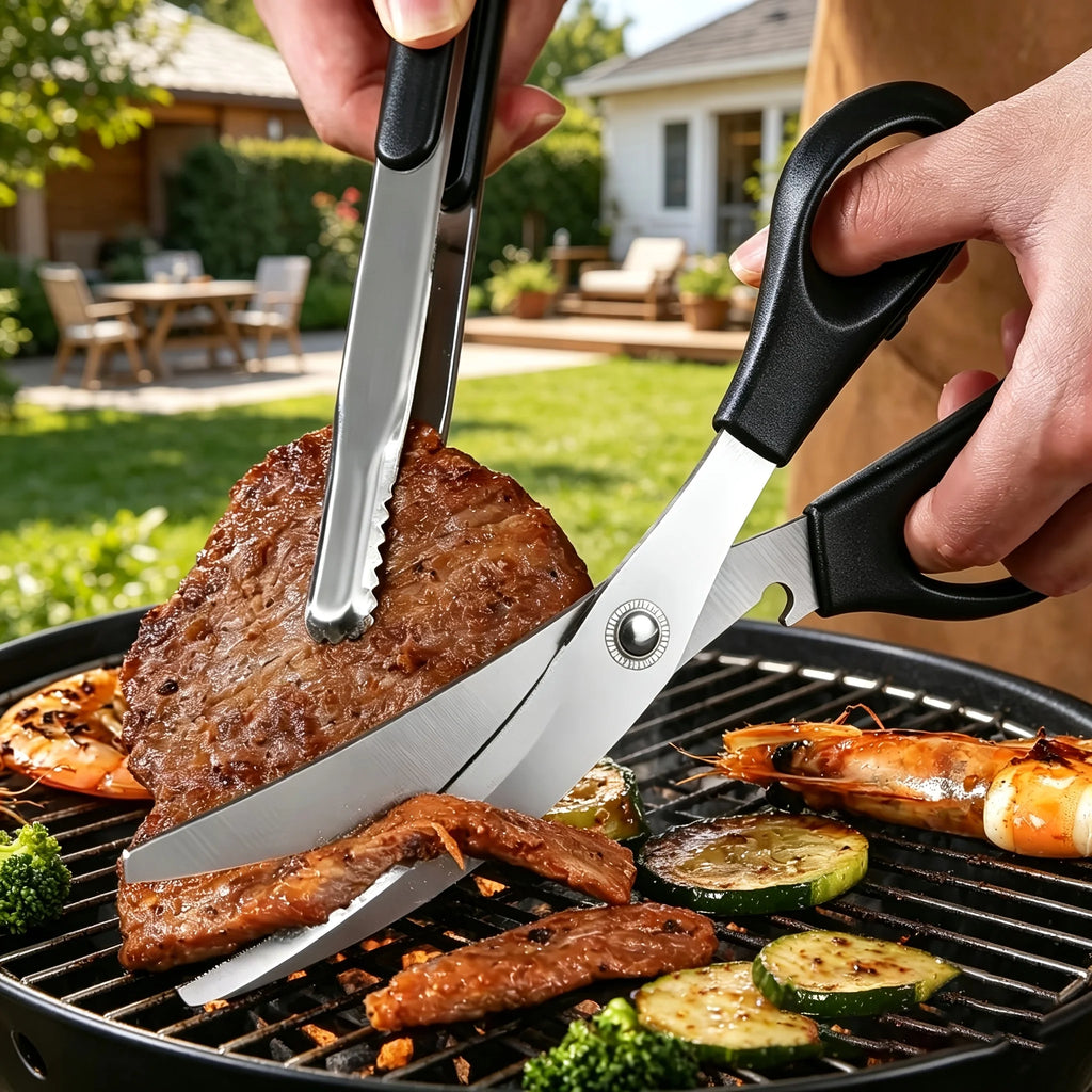 2PCS Stainless Steel BBQ Scissors Tongs Set Heavy Duty Food Grade Grill Tools For Camping Barbecue Kitchen Meat Cutting