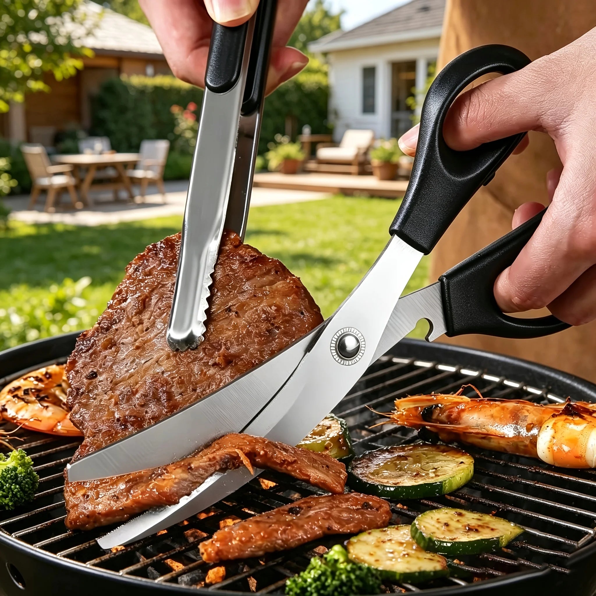 2PCS Stainless Steel BBQ Scissors Tongs Set Heavy Duty Food Grade Grill Tools For Camping Barbecue Kitchen Meat Cutting