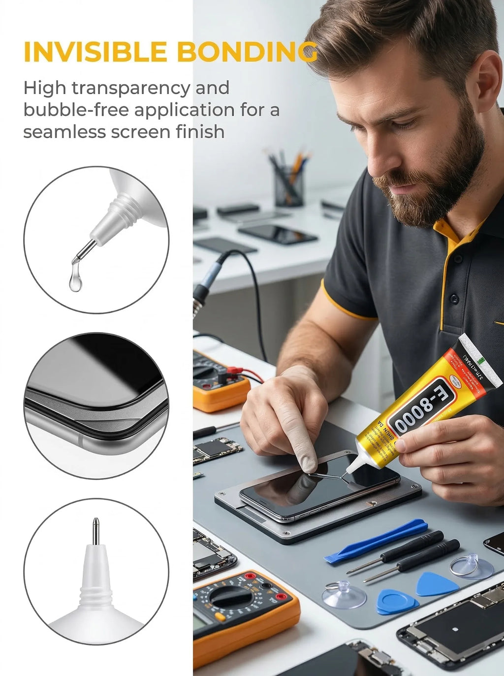 JXVX 8 in 1 Mobile Phone Repair Tools Disassemble Repair Kit for Android iPhone Screwdriver Combination Skid Multi Function Disassembly Set E-8000 Mobile Phone Screen High-Strength Waterproof Adhesive.