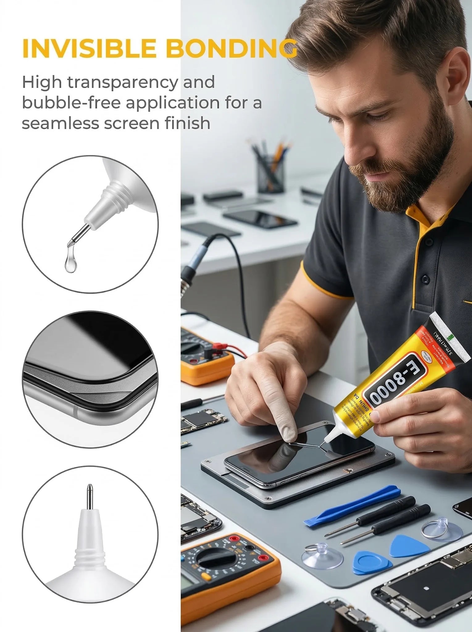 JXVX 8 in 1 Mobile Phone Repair Tools Disassemble Repair Kit for Android iPhone Screwdriver Combination Skid Multi Function Disassembly Set E-8000 Mobile Phone Screen High-Strength Waterproof Adhesive.
