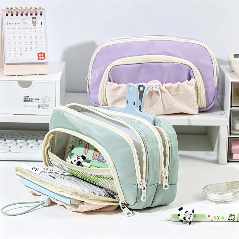 INS Pencil Case Large Capacity Pen Bag Cute Stationery Case Makeup Pouch Back to School Pink Pencil Case with Mesh Pocket 필통