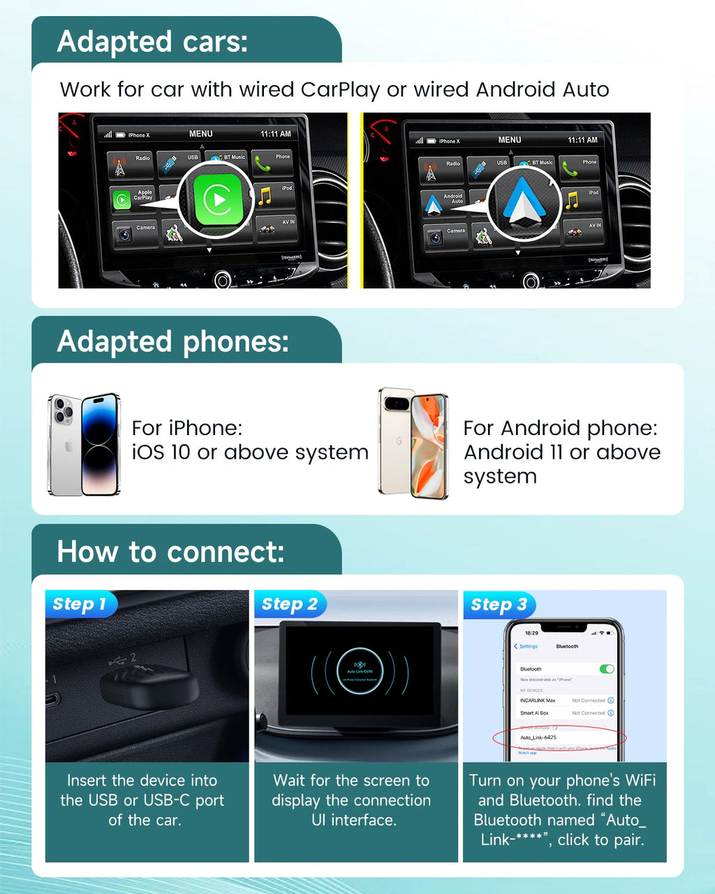 HEYINCAR 2 in 1 Interface Wireless CarPlay/Android Auto Wireless USB/TYPE-C Adapter Smart Mini Box Plug Fast Connect Universal