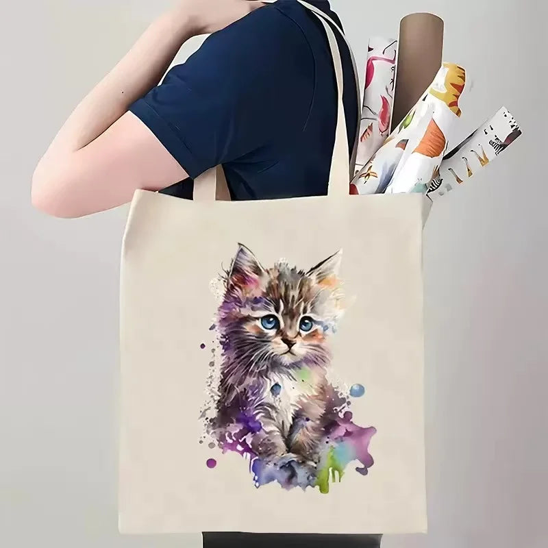 Women Canvas Baguette Bag 1 Pack Cute Cat Pattern Handbag Tote Reusable Shopping Bag Multifunctional High Capacity Printed Storage Bag Gift for Cat Lovers Holiday Birthday Present