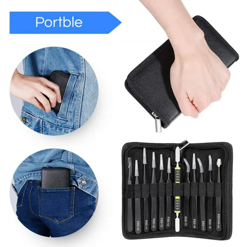 12Pcs/Set Precision Tweezers ESD Anti-static Stainless Steel Elbow Straight With Bag Repair Maintenance Tool Industrial Tweezers