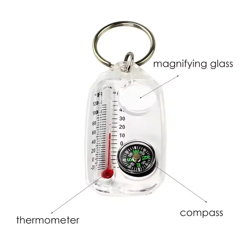 3-in-1 Keychain Compass with Thermometer & Magnifying Glass, Mini Portable Outdoor Camping Survival Tool