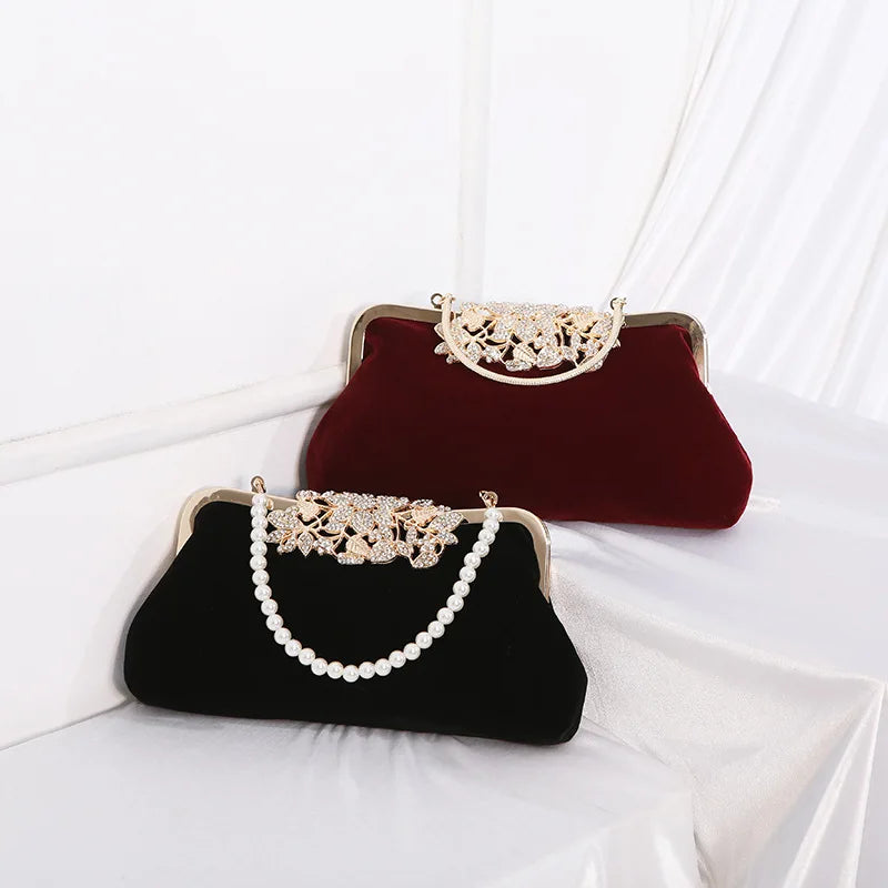 Women Rhinestone Evening Clutch Bags Sparkling Crystal Diamond Party Handbag Purse Vintage Velvet Wedding Cocktail Shoulder Bag