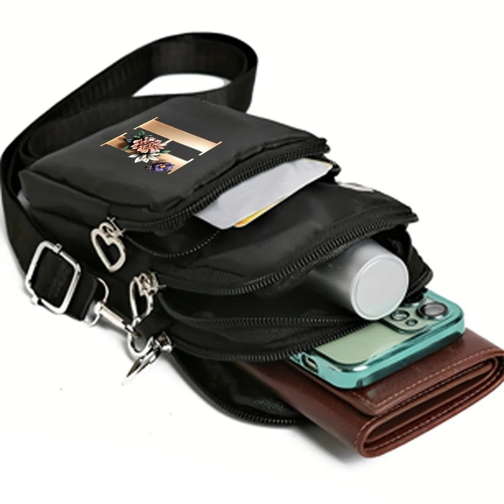 Fashion A-Z Letter Print Women's Crossbody Bag Large Capacity Three-Layer Zipper Phone Bag Daily Travel Coin Purse