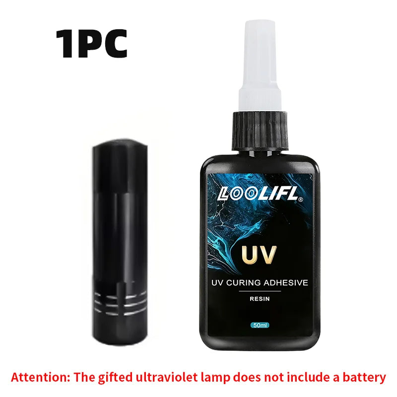LOOLIFL50ml UV Curing Glue Transparent Resin Strong Adhesive Fast Cure Traceless Glue For Glass Metal Plastic Jewelry DIY Crafts