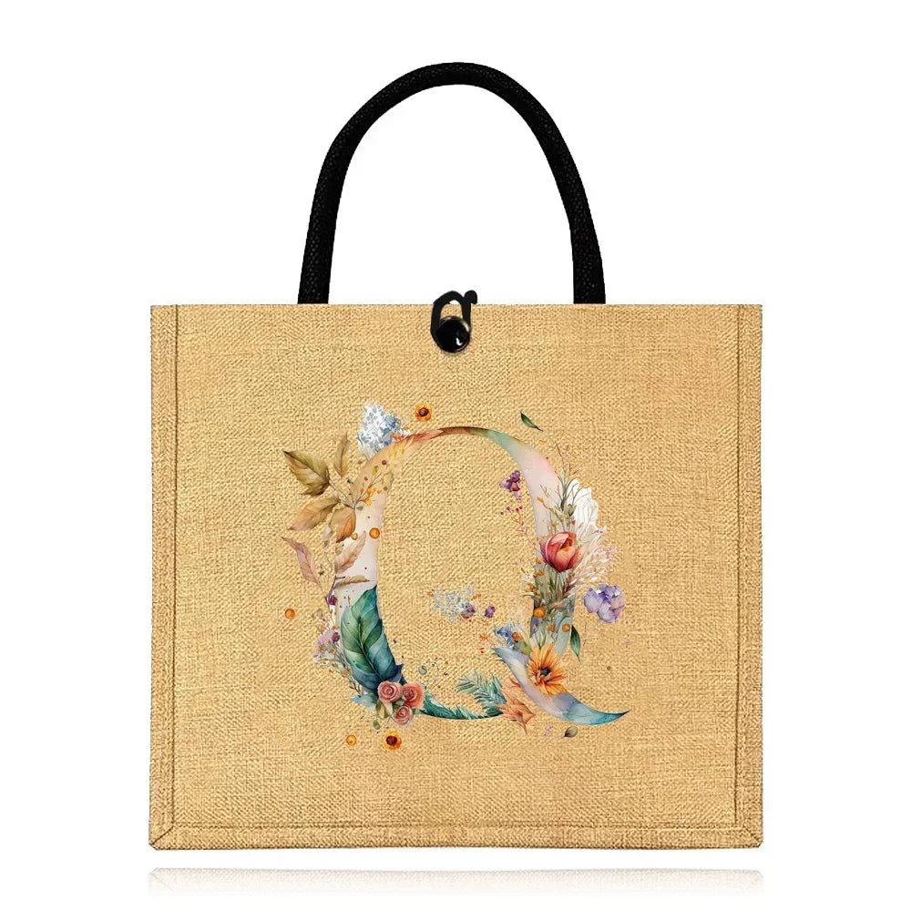 Flax Bag Fastener Handbag Organizer Storage Jute Tote Bags Imitation Cotton Women Valise Portable Floral Letter Printing Series