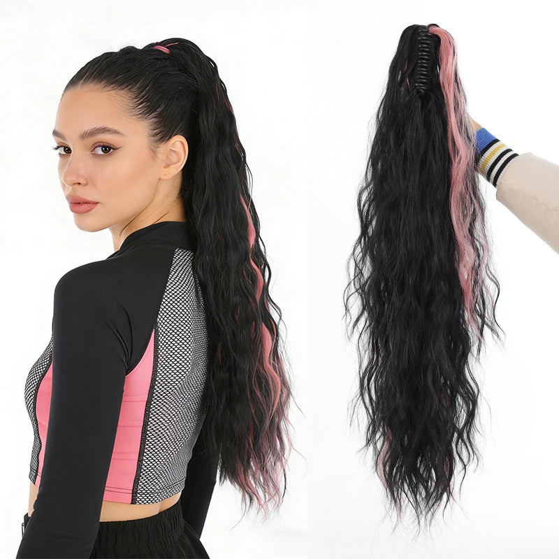 AOOSOO Synthetic Water Ponytail Hair Extension Clip On Woman's Ponytail Hair Accessories Long Curly Wig Natural Curly Black