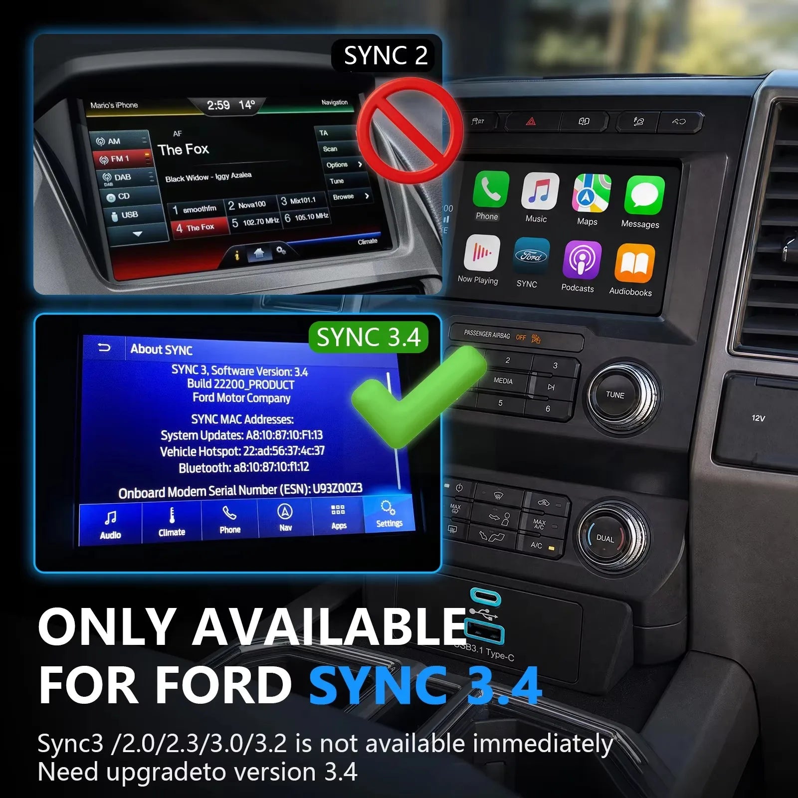 Wireless CarPlay Android auto For Ford&Lincoln Sync 3.4 MKZ Raprtor F-150 Mustang Mondeo Taurus Explorer Range USB/Type-C Hub