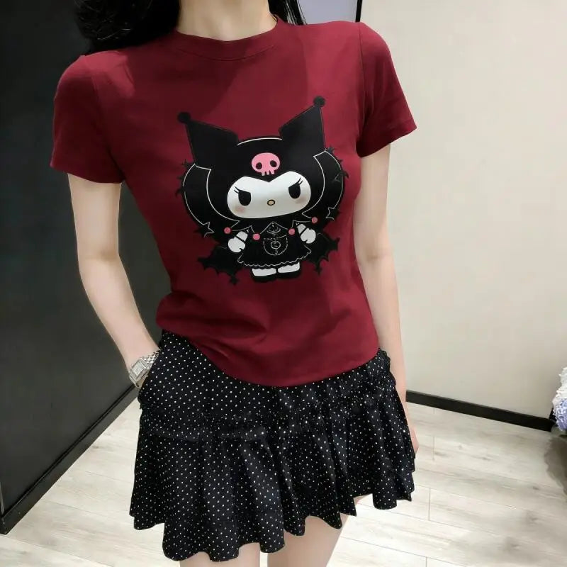 Short-Sleeved T-Shirt Kuromi Women's 2026 New Summer Sanrio Printed Senior Age-Reducing Tops Cotton White Cartoon Print Cute