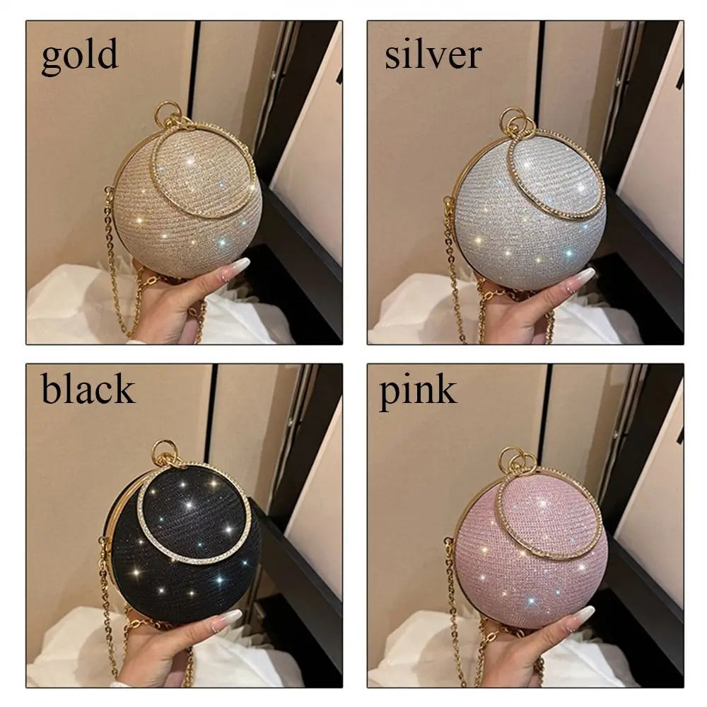 Luxury Circular Evening Bag Gold Bright Silk Rhinestone Decorative Chain Banquet Clutch Handbags Women Female