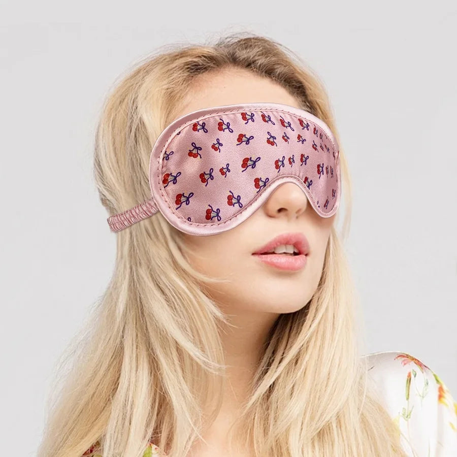 🌟 Top Rated! Pink Cherry Satin Eye Mask, Ultra-Soft Blackout Sleep Cover, Perfect for Naps, Flights & as a Universal Gift for A