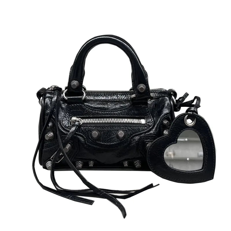 2026 New Mini Cylinder Motorcycle Bag Women's Rivet Tassel Three-in-One Pleated Cowhide Single Shoulder Slant Cross Handbag