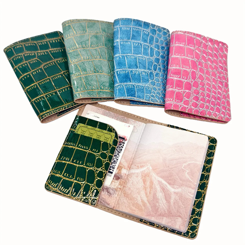 2PCS Crocodile Embossed Gold/Silver Color Border Passport Cove/Case/Holder/Wallet Card Holder Lightweight Travel Accessories