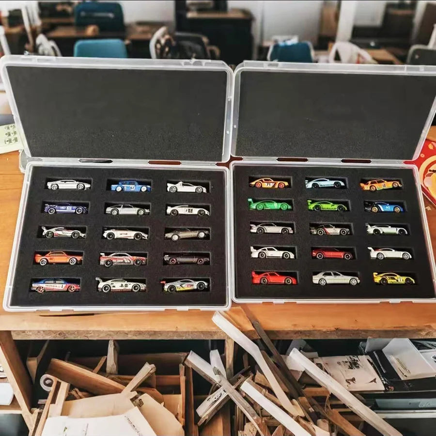 Transparent Storage Box with Lid and Cotton Plate, 15-position Display Case for 1/64 Car Models, Hot Wheels Showcase