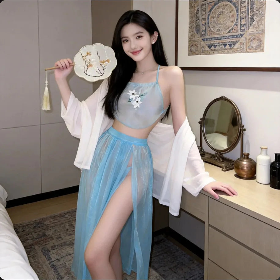 Ancient Hanfu Republic Style Lace Up Embroidered Nightgown Set with Bellyband T-pants See Through Skirt Sexy Lingerie for Women