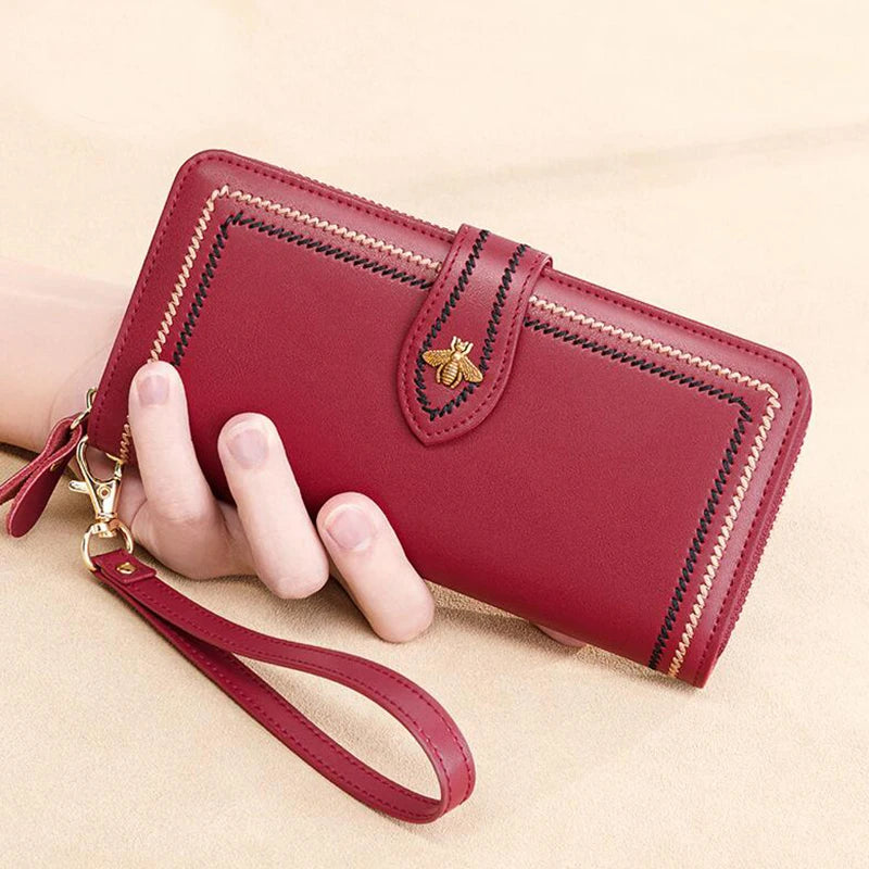 Genuine Leather Wallets Women Clutch Female Purses Long Money Bag Zipper Coin Bee Luxury Brand Wristlet Phone Hasp Card Holder
