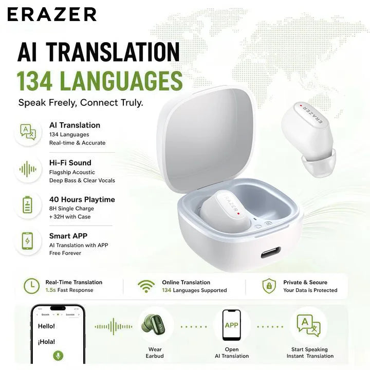Erazer XF65 Bluetooth Earphones 135 Language AI translator Earbuds Low Latency Lanyard Long Battery Soft Wireless Headphones