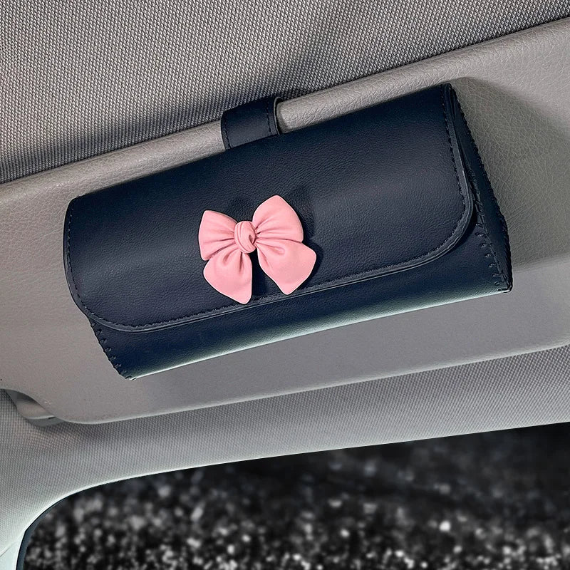 Cute Bowknot Car Glasses Box Universal Leather Sunglasses Case Storage Holder Bag Sunshade Organizer Auto Interior Accessories