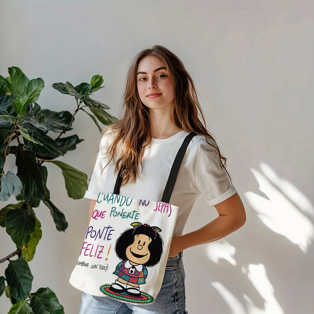 1pc Carton Print Canvas Tote Bag Women Lightweight Reusable Shoulder Bag Large Capacity Tote Bag for Student Shopping & Travel