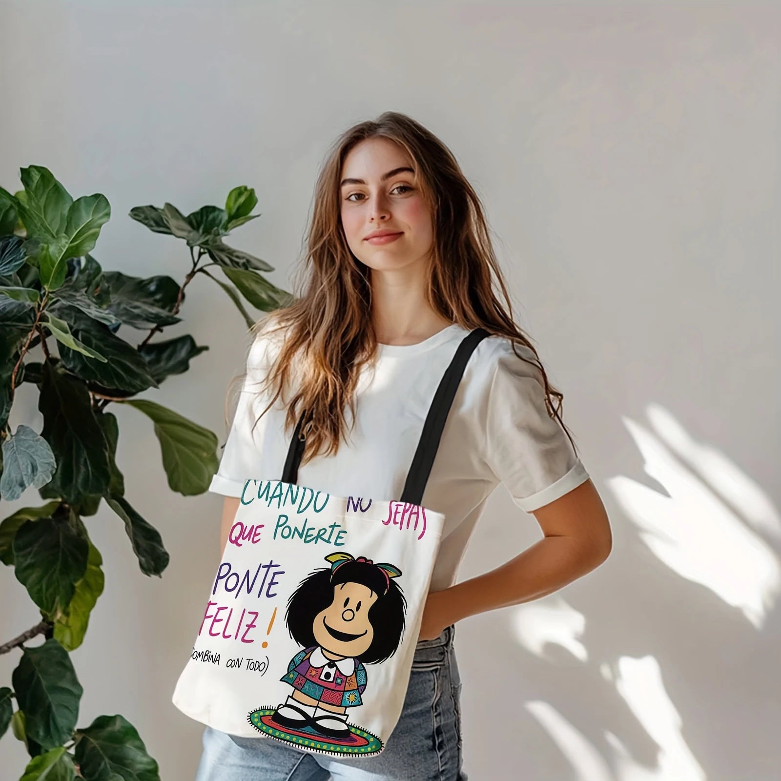 1pc Carton Print Canvas Tote Bag Women Lightweight Reusable Shoulder Bag Large Capacity Tote Bag for Student Shopping & Travel