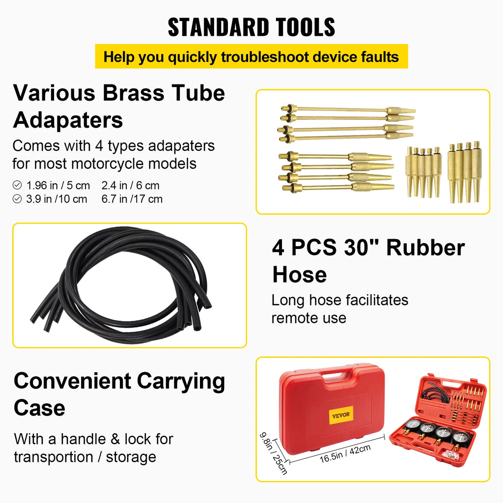 SucceBuy Fuel Vacuum Carburetor Synchronizer Carb Tools sync 4 Gauge Set with Rubber Hose Vacuum Balancer Meter Kit Motorcycle