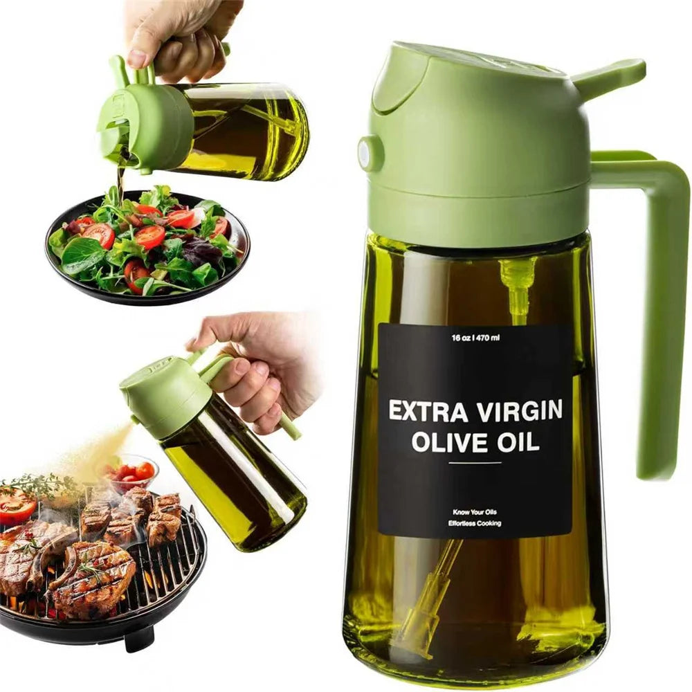 470 ML Oil Sprayer for Cooking, 2-in-1 Olive Oil Dispenser and Oil Bottle with Stickers, Thick Glass Spray Bottle