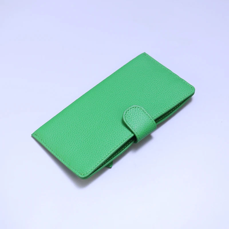 Genuine Leather Women Wallets Luxury Long Hasp Lychee Pattern Coin Purses Female Brand Solid Colors New Thin Clutch Phone Bag