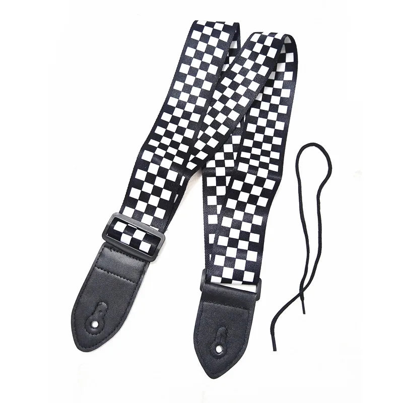 Black White Checkered Polyester Cotton PU Leather Head Ends Bass Ukulele Acoustic Electric Guitar Strap Accessories Parts