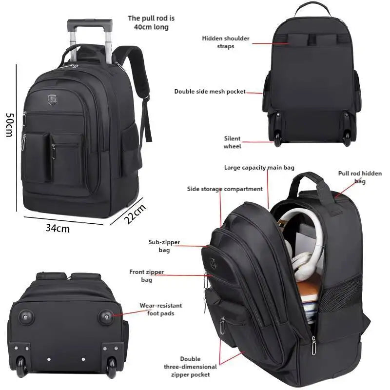Large Capacity Travel Wheeled Backpack Wheels Hidden Pull Rod Waterproof Carry Luggage Weekend Travel Bag For Men Business Trip