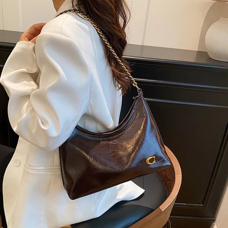 New vintage waxed leather ladies' chain handbag - large capacity, single shoulder bag, fashionable and versatile crossbody bag