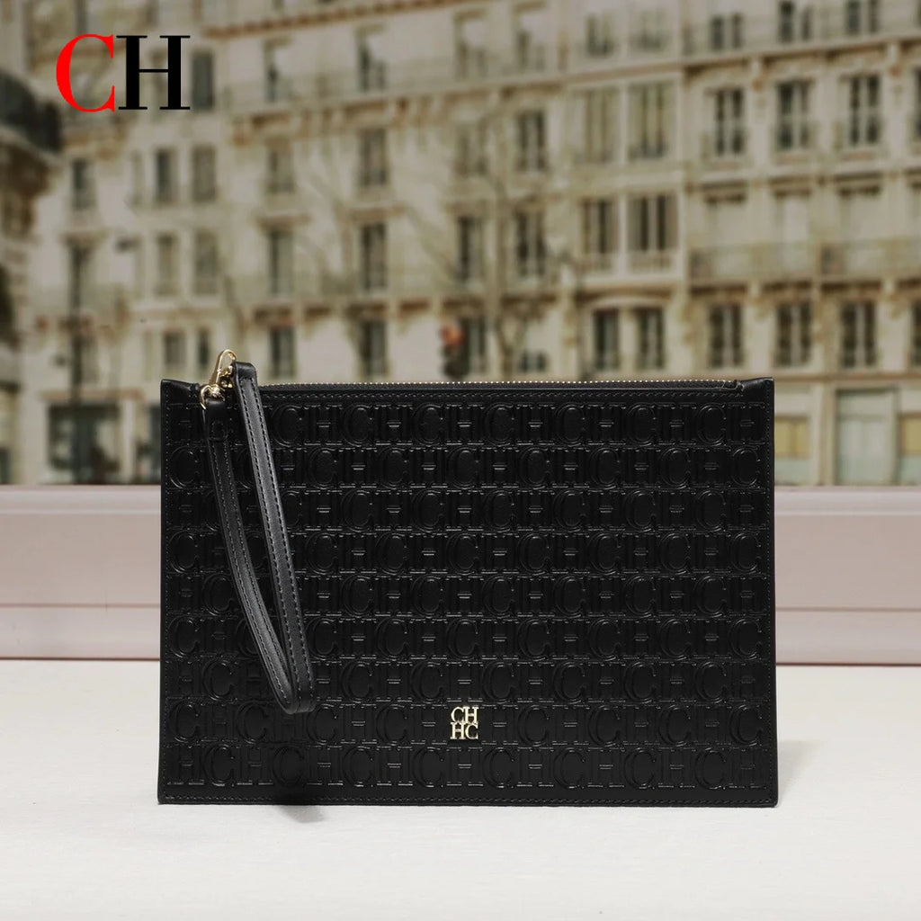 CH Clutch Bag Women Embossed Monogram PU Leather Wristlet Handbag Zipper Envelope Purse Large Capacity Evening Daily Wallet