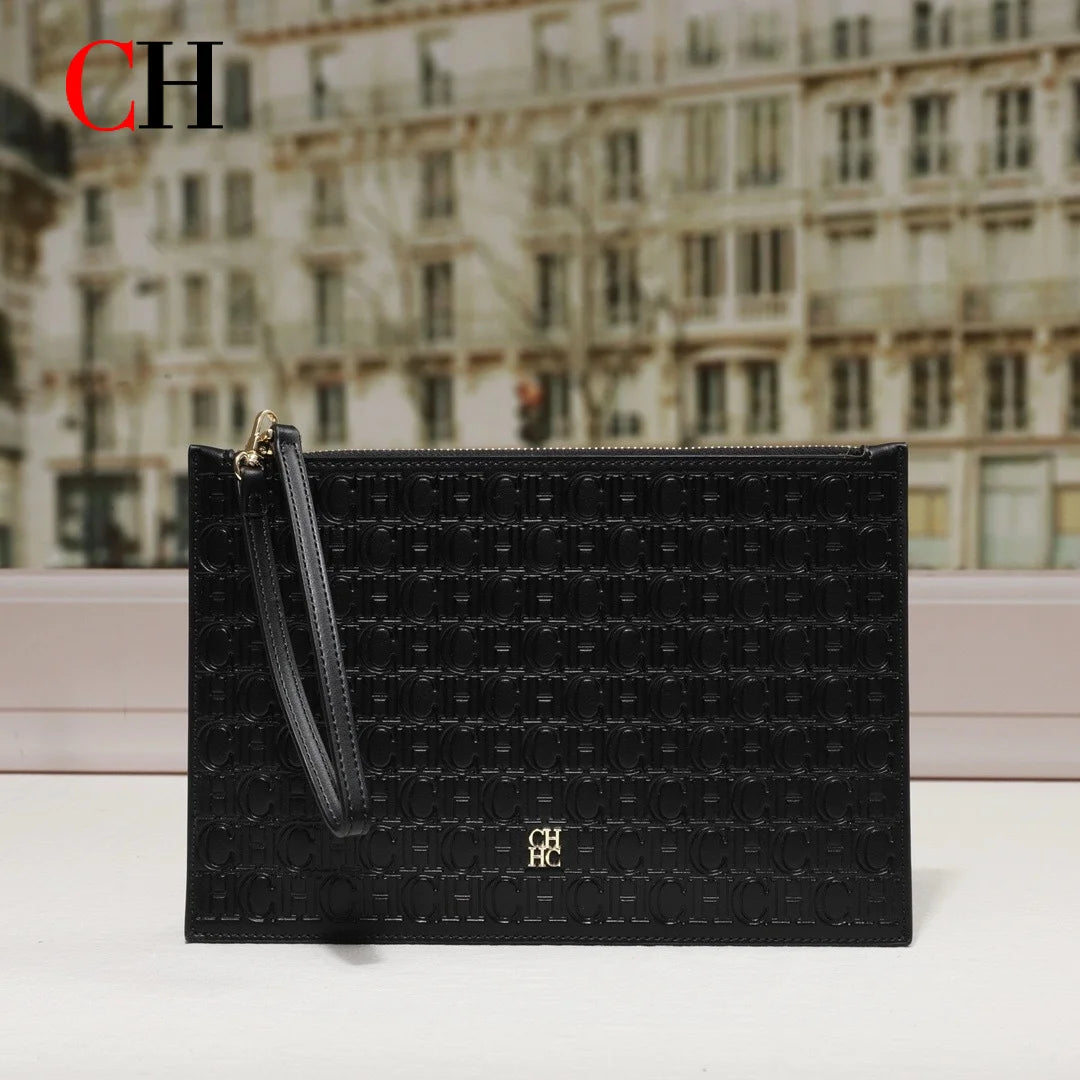 CH Clutch Bag Women Embossed Monogram PU Leather Wristlet Handbag Zipper Envelope Purse Large Capacity Evening Daily Wallet